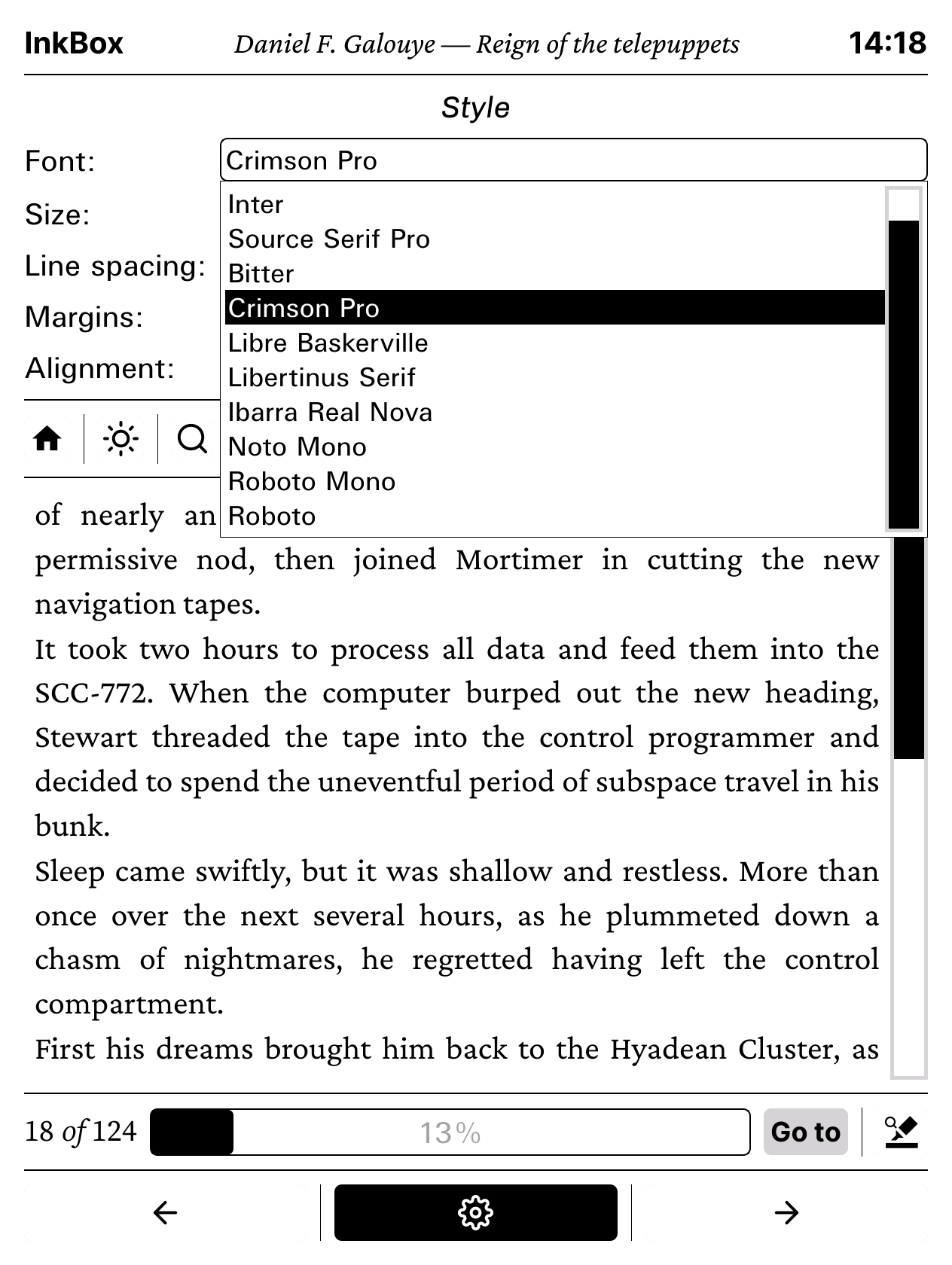 Reader framework: font chooser